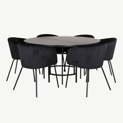 Ümmargune söögilaud Copenhagen (must MDF, ø140cm) ja 6 musta sametist Berit tooli - GR22018