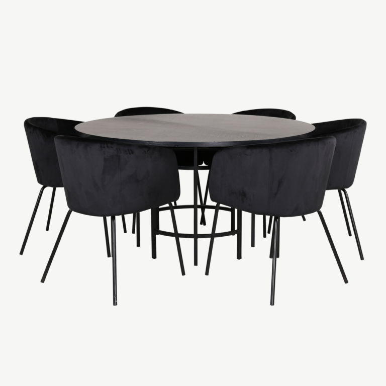 Ümmargune söögilaud Copenhagen (must MDF, ø140cm) ja 6 musta sametist Berit tooli - GR22018
