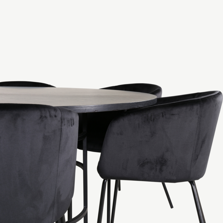 Ümmargune söögilaud Copenhagen (must MDF, ø140cm) ja 6 musta sametist Berit tooli - GR22018