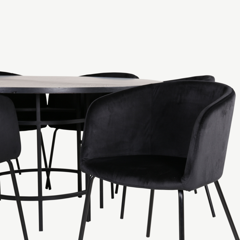 Ümmargune söögilaud Copenhagen (must MDF, ø140cm) ja 6 musta sametist Berit tooli - GR22018