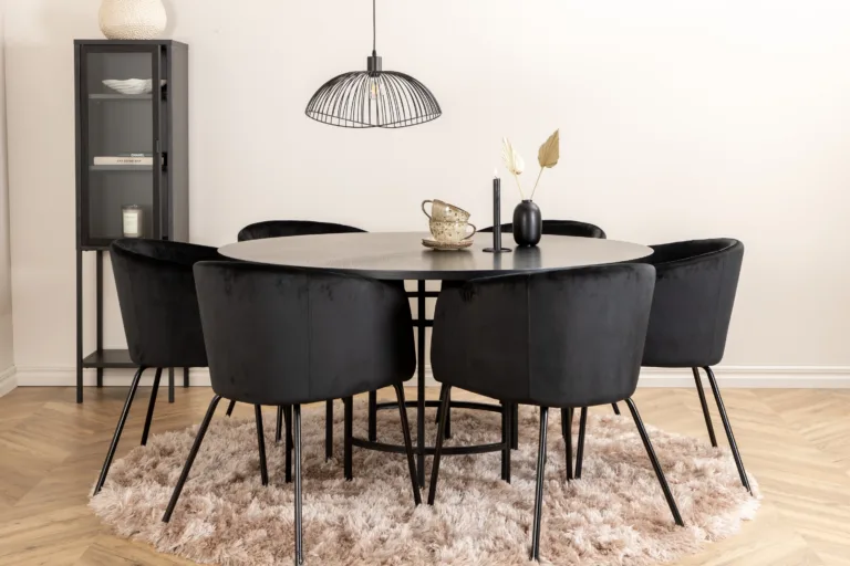 Ümmargune söögilaud Copenhagen (must MDF, ø140cm) ja 6 musta sametist Berit tooli - GR22018