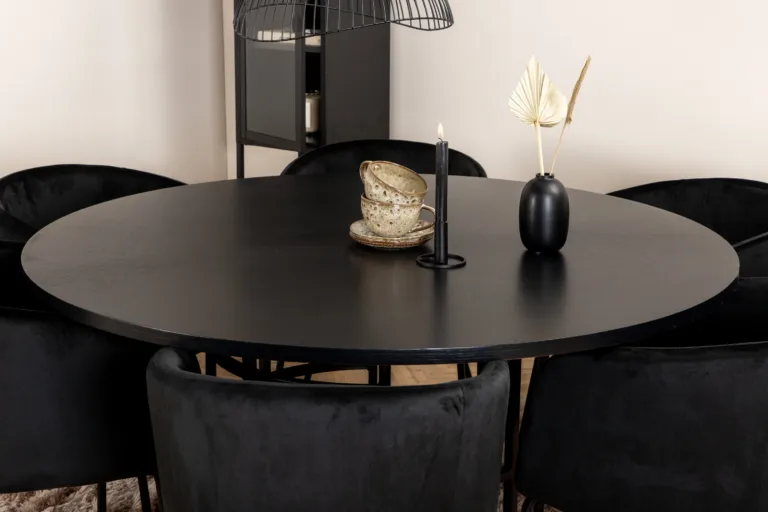 Ümmargune söögilaud Copenhagen (must MDF, ø140cm) ja 6 musta sametist Berit tooli - GR22018