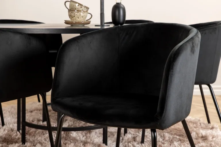 Ümmargune söögilaud Copenhagen (must MDF, ø140cm) ja 6 musta sametist Berit tooli - GR22018