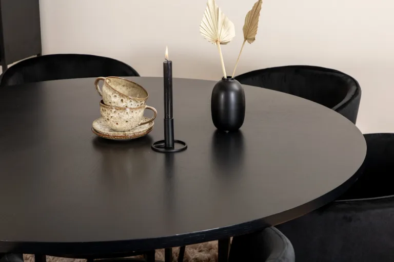 Ümmargune söögilaud Copenhagen (must MDF, ø140cm) ja 6 musta sametist Berit tooli - GR22018