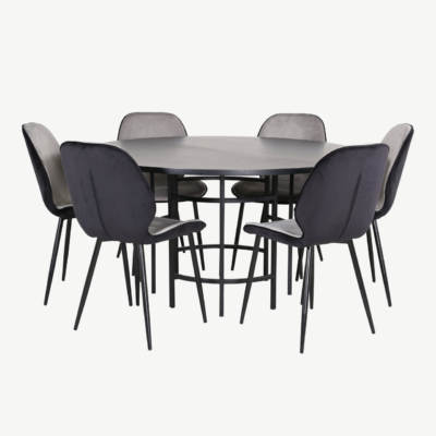 Ümmargune söögilaud Copenhagen (must MDF, ø140cm) ja Emma velvetist toolid (hall/must), 1 tool - GR22019