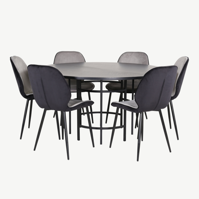 Ümmargune söögilaud Copenhagen (must MDF, ø140cm) ja Emma velvetist toolid (hall/must), 1 tool - GR22019