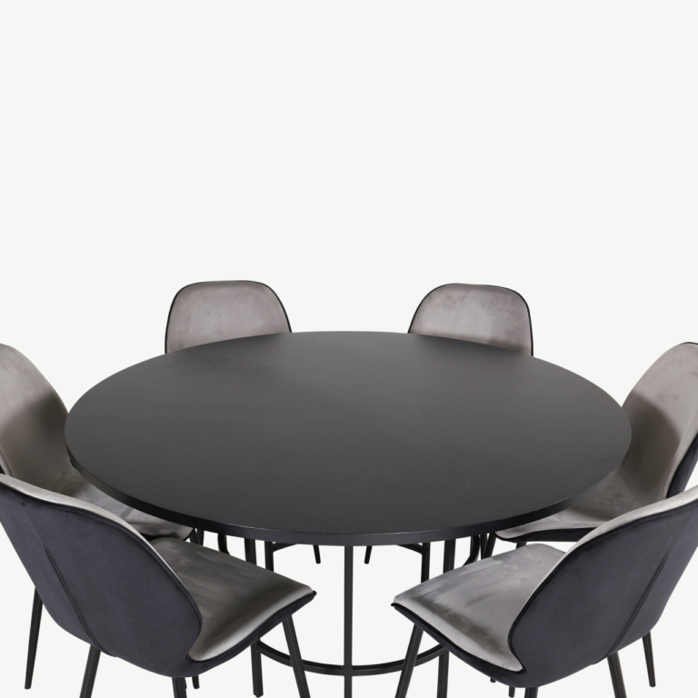 Ümmargune söögilaud Copenhagen (must MDF, ø140cm) ja Emma velvetist toolid (hall/must), 1 tool - GR22019
