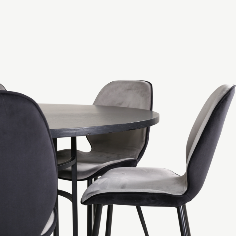 Ümmargune söögilaud Copenhagen (must MDF, ø140cm) ja Emma velvetist toolid (hall/must), 1 tool - GR22019
