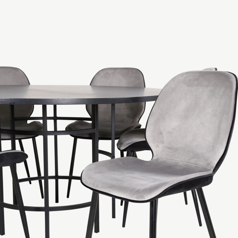 Ümmargune söögilaud Copenhagen (must MDF, ø140cm) ja Emma velvetist toolid (hall/must), 1 tool - GR22019