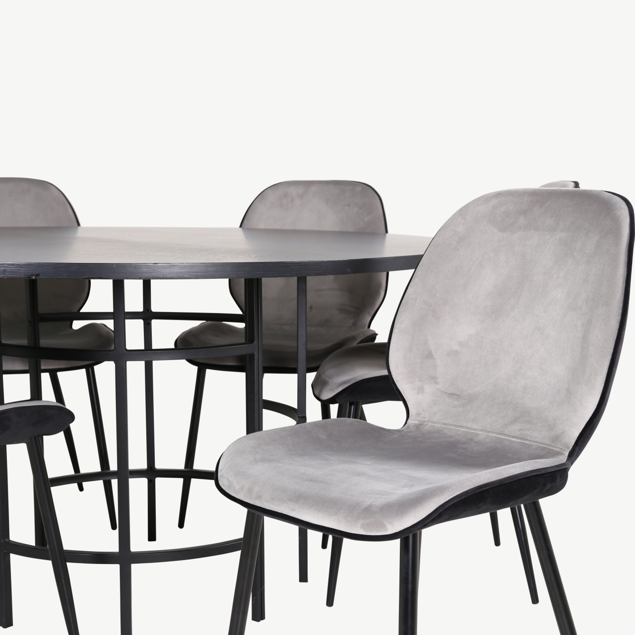 Ümmargune söögilaud Copenhagen (must MDF, ø140cm) ja Emma velvetist toolid (hall/must), 1 tool - GR22019