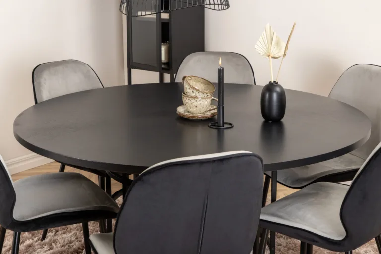Ümmargune söögilaud Copenhagen (must MDF, ø140cm) ja Emma velvetist toolid (hall/must), 1 tool - GR22019