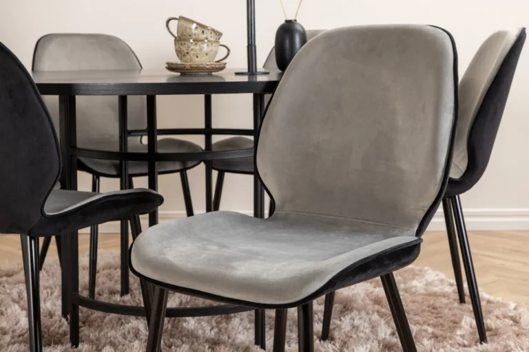 Ümmargune söögilaud Copenhagen (must MDF, ø140cm) ja Emma velvetist toolid (hall/must), 1 tool - GR22019