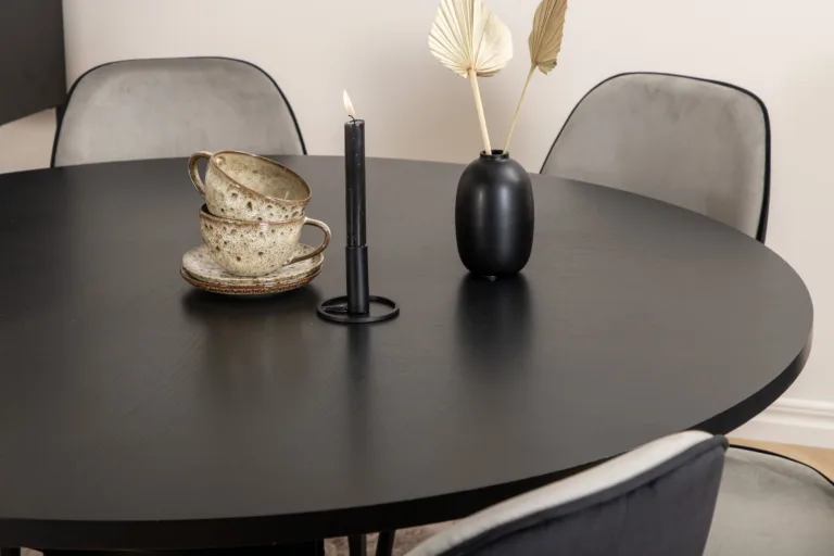 Ümmargune söögilaud Copenhagen (must MDF, ø140cm) ja Emma velvetist toolid (hall/must), 1 tool - GR22019