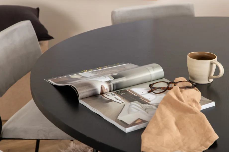 Ümmargune söögilaud Copenhagen, must MDF, 140 cm + Kenth tool, helehall velvet, GR22021 – 7