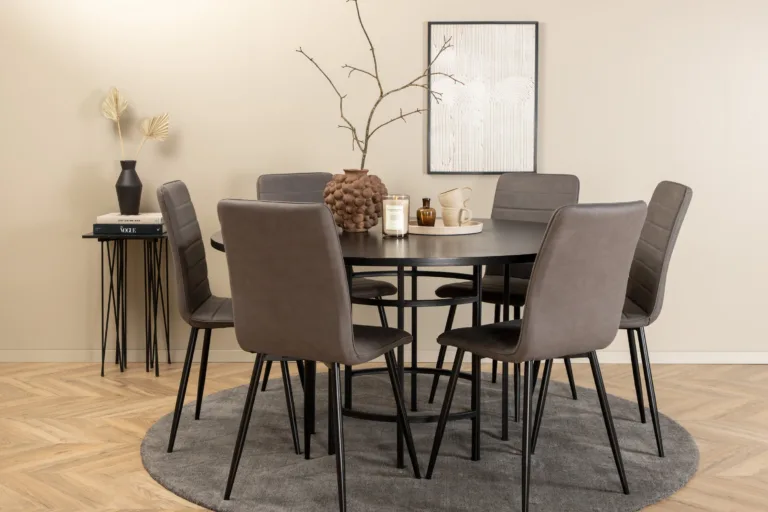 Ümmargune söögikomplekt Copenhagen (must laud, 6 halli mikrokiudpolstriga tooli) - GR22022