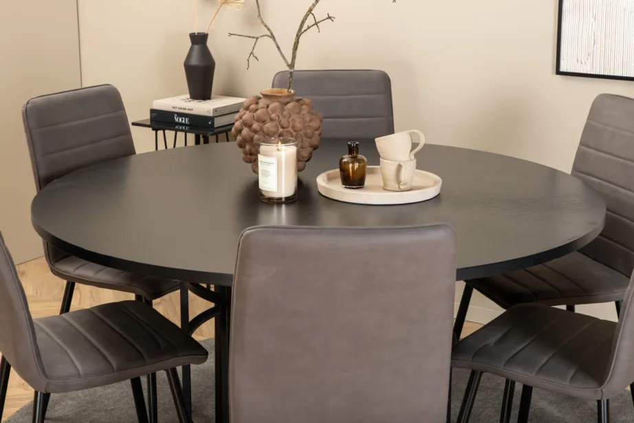 Ümmargune söögikomplekt Copenhagen (must laud, 6 halli mikrokiudpolstriga tooli), GR22022 – 6