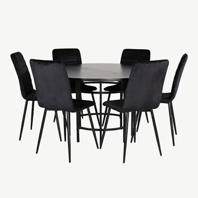 Copenhagen ümmargune söögilaud toolidega (MDF-vineer, must) + Windu velvetkattega söögitoolid, mustad - GR22024