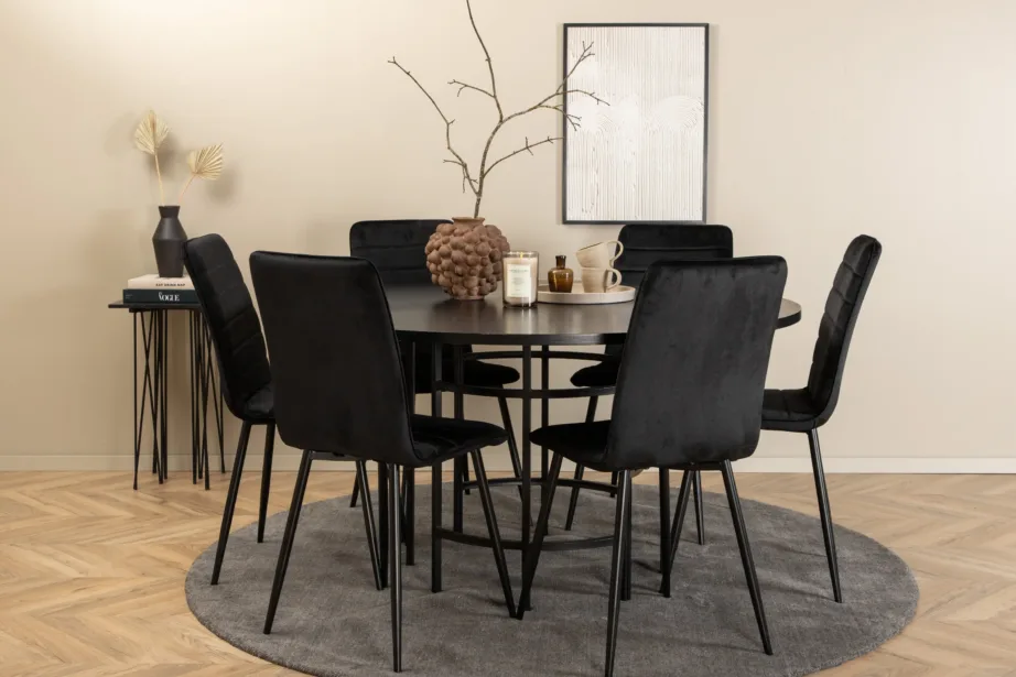 Copenhagen ümmargune söögilaud toolidega (MDF-vineer, must) + Windu velvetkattega söögitoolid, mustad, GR22024 – 5