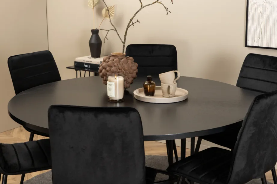 Copenhagen ümmargune söögilaud toolidega (MDF-vineer, must) + Windu velvetkattega söögitoolid, mustad, GR22024 – 6