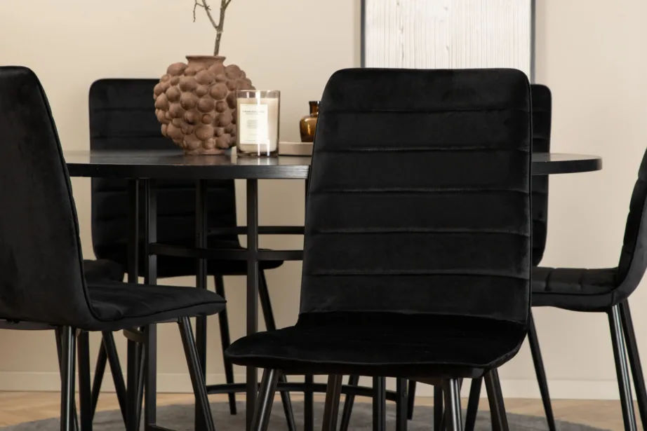 Copenhagen ümmargune söögilaud toolidega (MDF-vineer, must) + Windu velvetkattega söögitoolid, mustad, GR22024 – 8