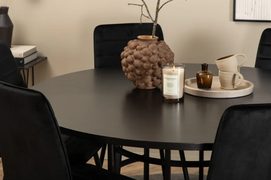 Copenhagen ümmargune söögilaud toolidega (MDF-vineer, must) + Windu velvetkattega söögitoolid, mustad, GR22024 – 9