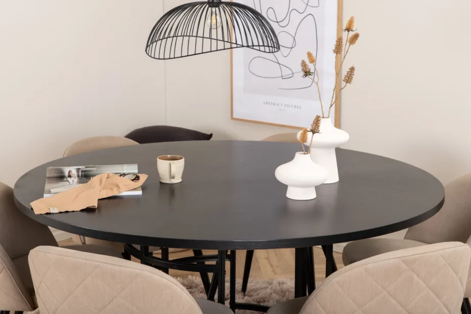 Ümmargune söögilauakomplekt Copenhagen (must laud, 6 beeži kangaga tooli), GR22025 - 6