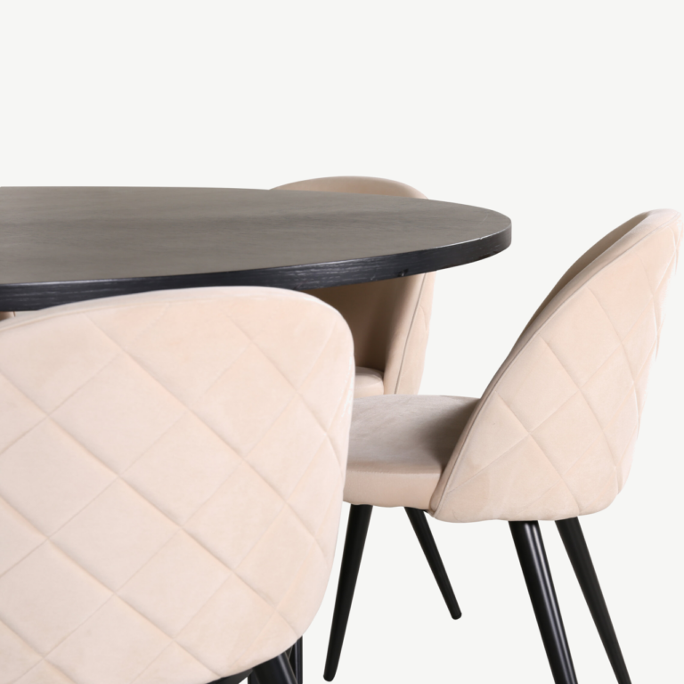Ümmargune söögilaud Copenhagen (must, ø140cm) ja beežid velvetkangaga toolid - GR22027