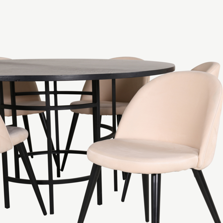 Ümmargune söögilaud Copenhagen (must, ø140cm) ja beežid velvetkangaga toolid - GR22027