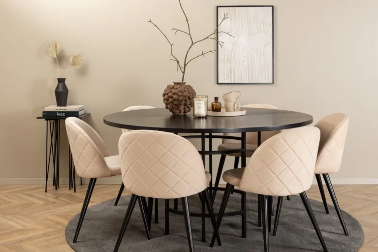 Ümmargune söögilaud Copenhagen (must, ø140cm) ja beežid velvetkangaga toolid - GR22027