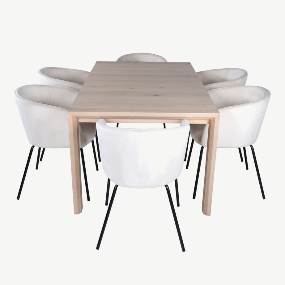 Slider pikendatav söögilaud valge peitsiga tamm, 6 beeži velvetist Berit tooliga, GR22029 – 2