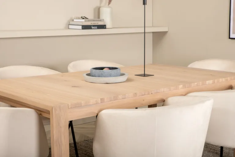 Slider pikendatav söögilaud valge peitsiga tamm, 6 beeži velvetist Berit tooliga - GR22029