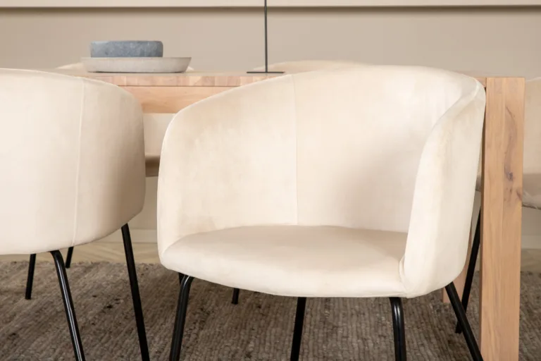 Slider pikendatav söögilaud valge peitsiga tamm, 6 beeži velvetist Berit tooliga - GR22029