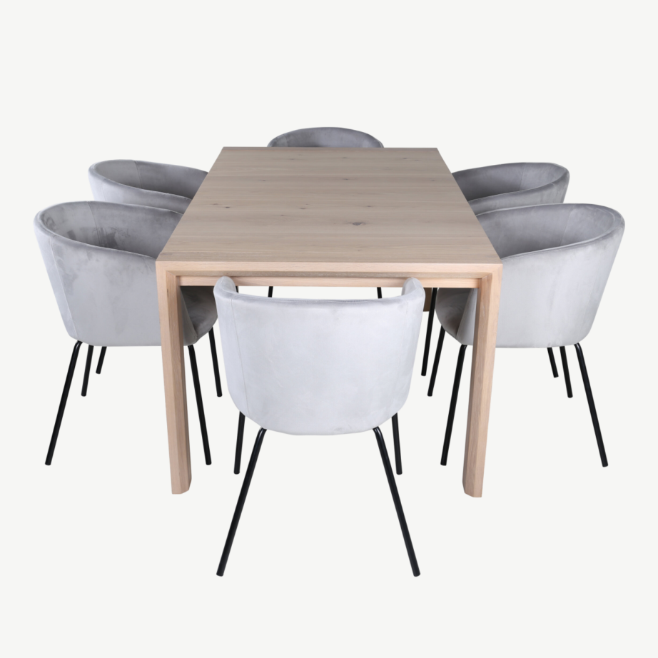 Pikendatav söögilaud Slider valge peitsiga tamm ning 6 halli velvetkattega Berit tooli, GR22030 – 2