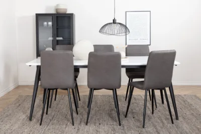 Pikendatav söögilaud Jimmy valge HPL, mustad metalljalad + 6 halli mikrokiudkattega tooli Windu - GR22073