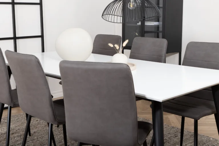 Pikendatav söögilaud Jimmy valge HPL, mustad metalljalad + 6 halli mikrokiudkattega tooli Windu - GR22073