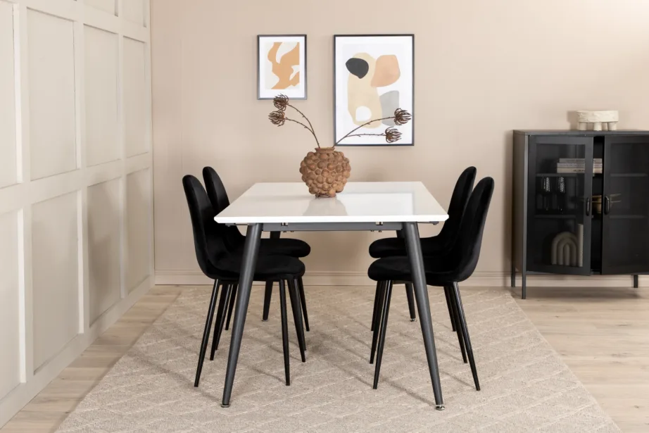 Skandinaavia stiilis pikendatav söögilaud Jimmy ja mustad velvetist toolid Polar, GR22076 – 6