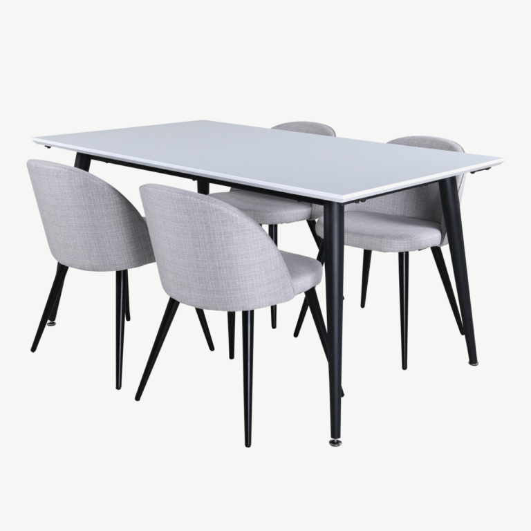 Pikendatav söögilaud Jimmy koos 6 halli kangaga tooliga (valge HPL, mustad jalad) - GR22077
