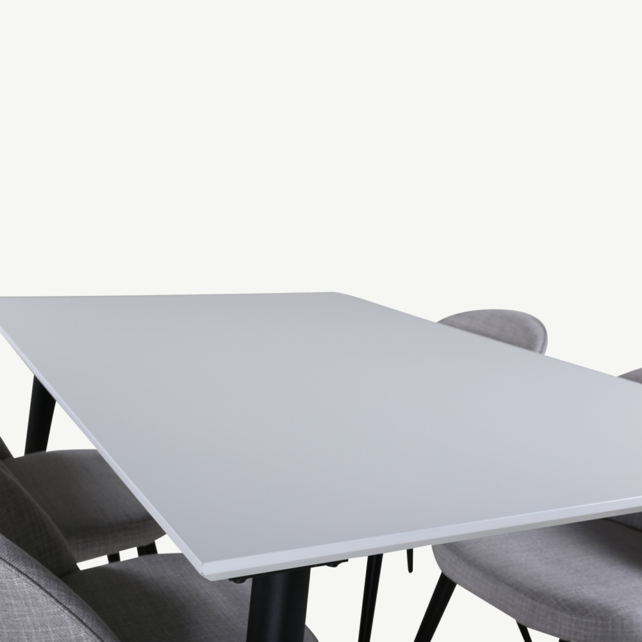 Pikendatav söögilaud Jimmy koos 6 halli kangaga tooliga (valge HPL, mustad jalad), GR22077 – 3