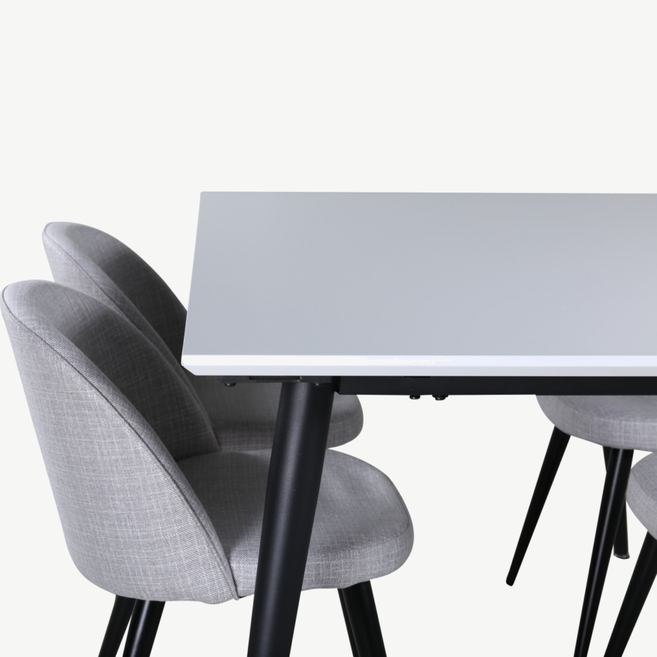 Pikendatav söögilaud Jimmy koos 6 halli kangaga tooliga (valge HPL, mustad jalad), GR22077 – 4