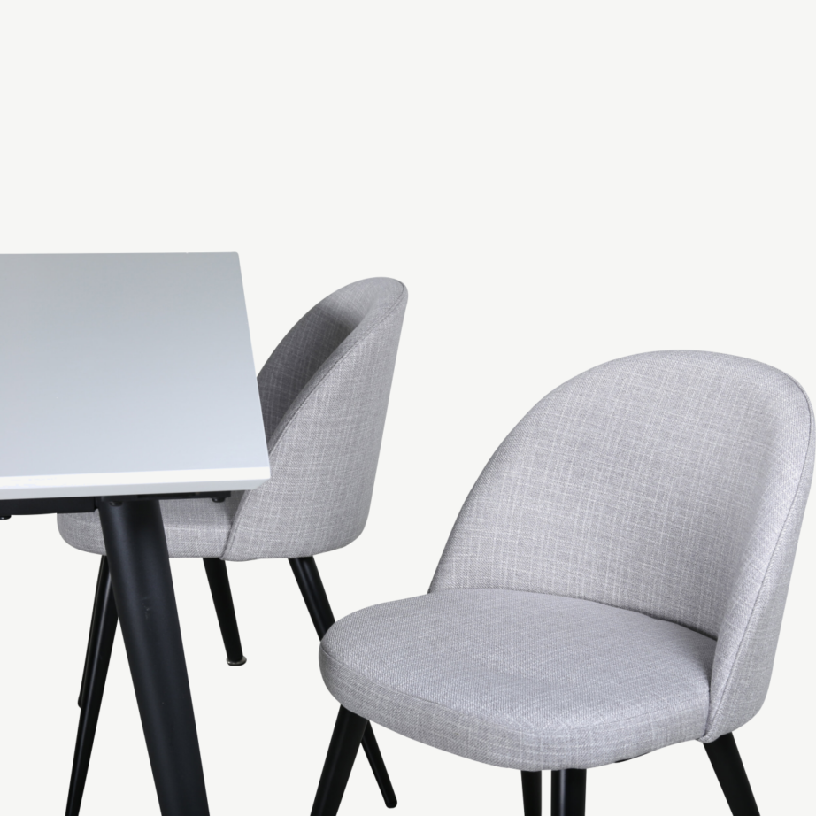 Pikendatav söögilaud Jimmy koos 6 halli kangaga tooliga (valge HPL, mustad jalad), GR22077 – 5