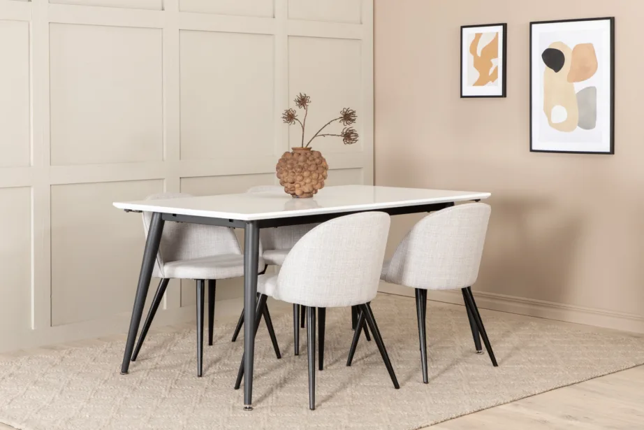 Pikendatav söögilaud Jimmy koos 6 halli kangaga tooliga (valge HPL, mustad jalad), GR22077 – 7