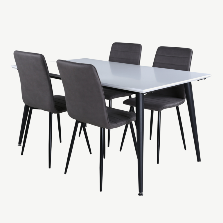 Pikendatav söögilaud Jimmy valge HPL (150–240cm) ja hallid Windu toolid - GR22083