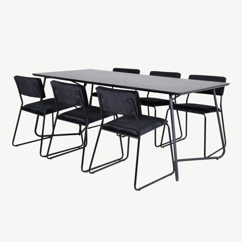 Petra söögilaud (must spoon, 190×90 cm) ja Kenth tool (must samet, terasraam), GR22095