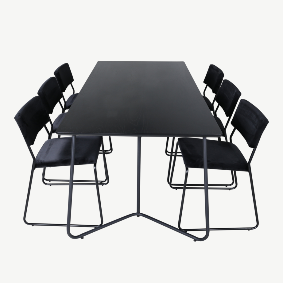 Petra söögilaud (must spoon, 190×90 cm) ja Kenth tool (must samet, terasraam), GR22095 – 2