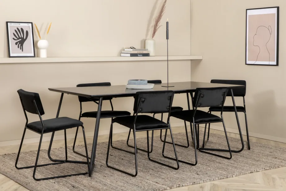 Petra söögilaud (must spoon, 190×90 cm) ja Kenth tool (must samet, terasraam), GR22095 – 13