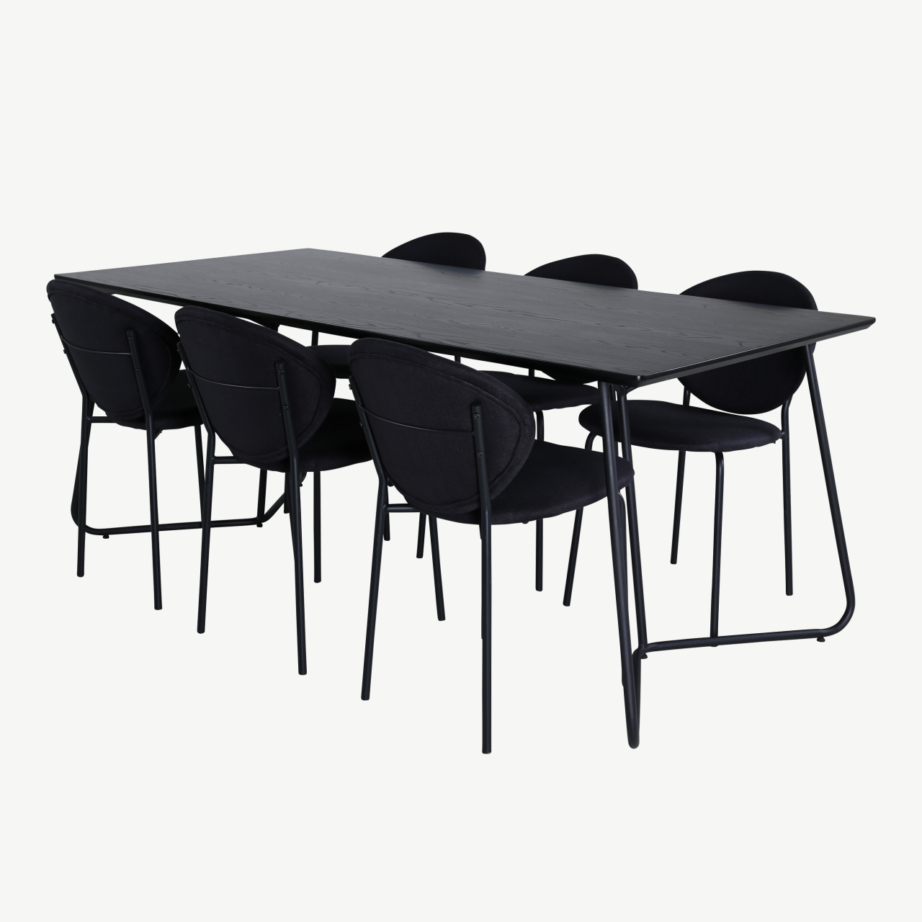 Petra söögilauakomplekt kuuele, must MDF ja metall, GR22102 – 2