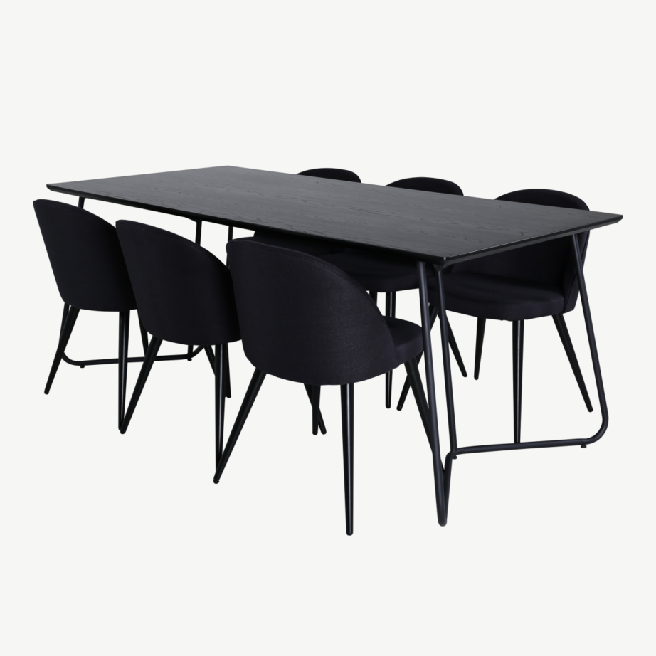 Must söögilauakomplekt Petra (laud 190×90 cm, 6 musta sametist tooli), GR22103