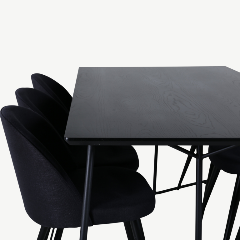 Must söögilauakomplekt Petra (laud 190x90 cm, 6 musta sametist tooli) - GR22103