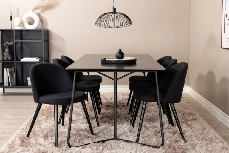 Must söögilauakomplekt Petra (laud 190x90 cm, 6 musta sametist tooli) - GR22103