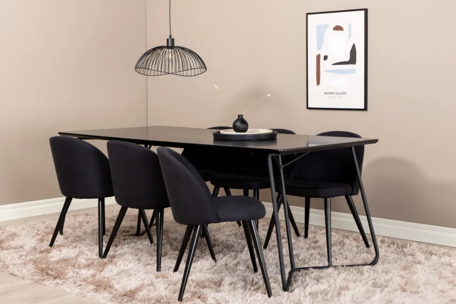 Must söögilauakomplekt Petra (laud 190×90 cm, 6 musta sametist tooli), GR22103 – 6